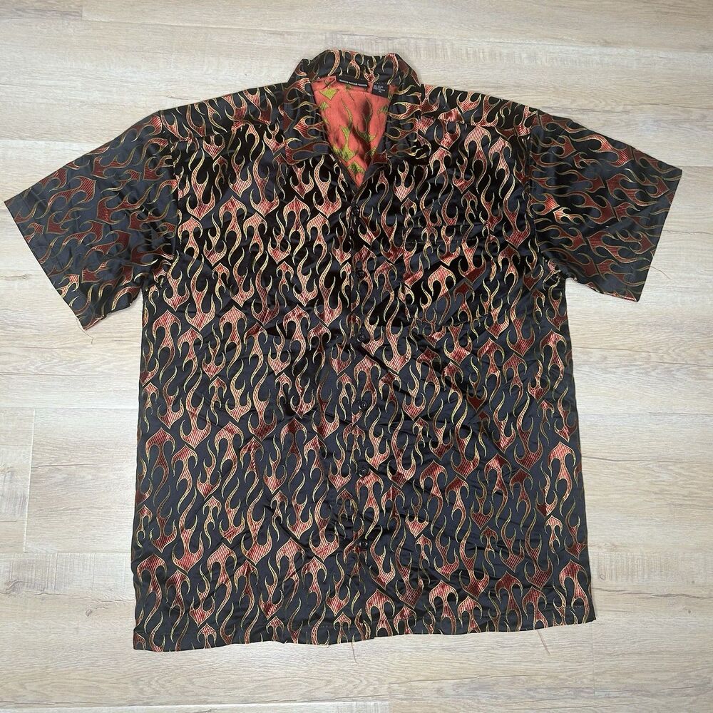 Vintage ODO Shirt Adult XL Fire Flames Button Up Hawaiian Biker Disco Club